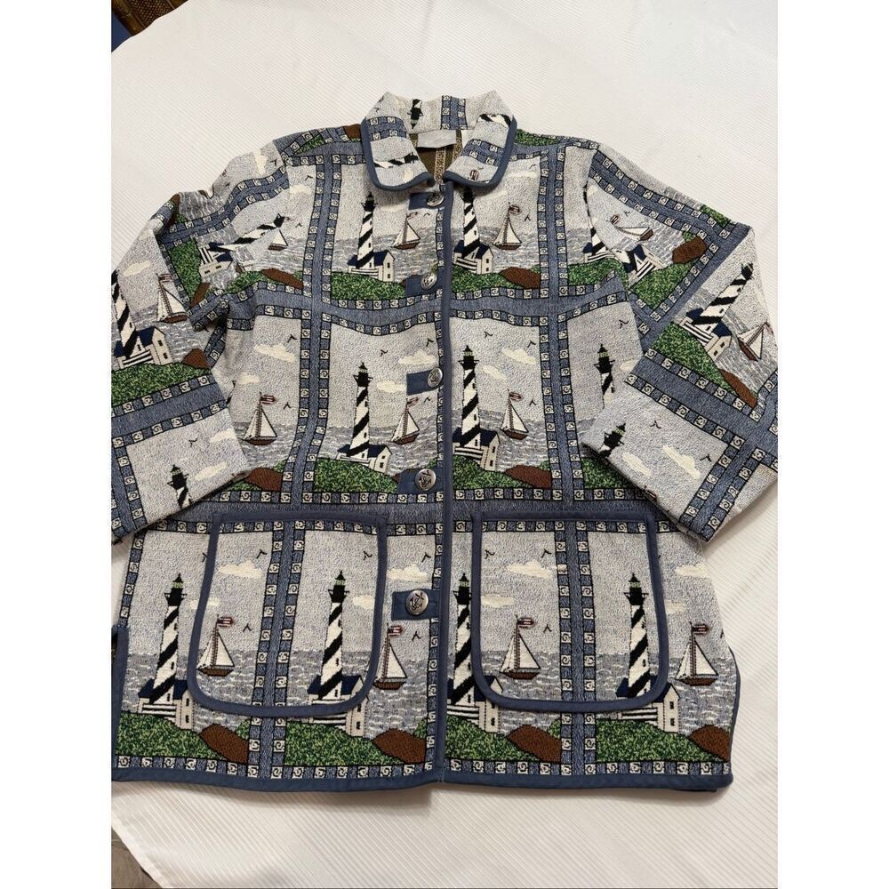 Blair Lighthouse Tapestry Anchor Button Jacket Size Large